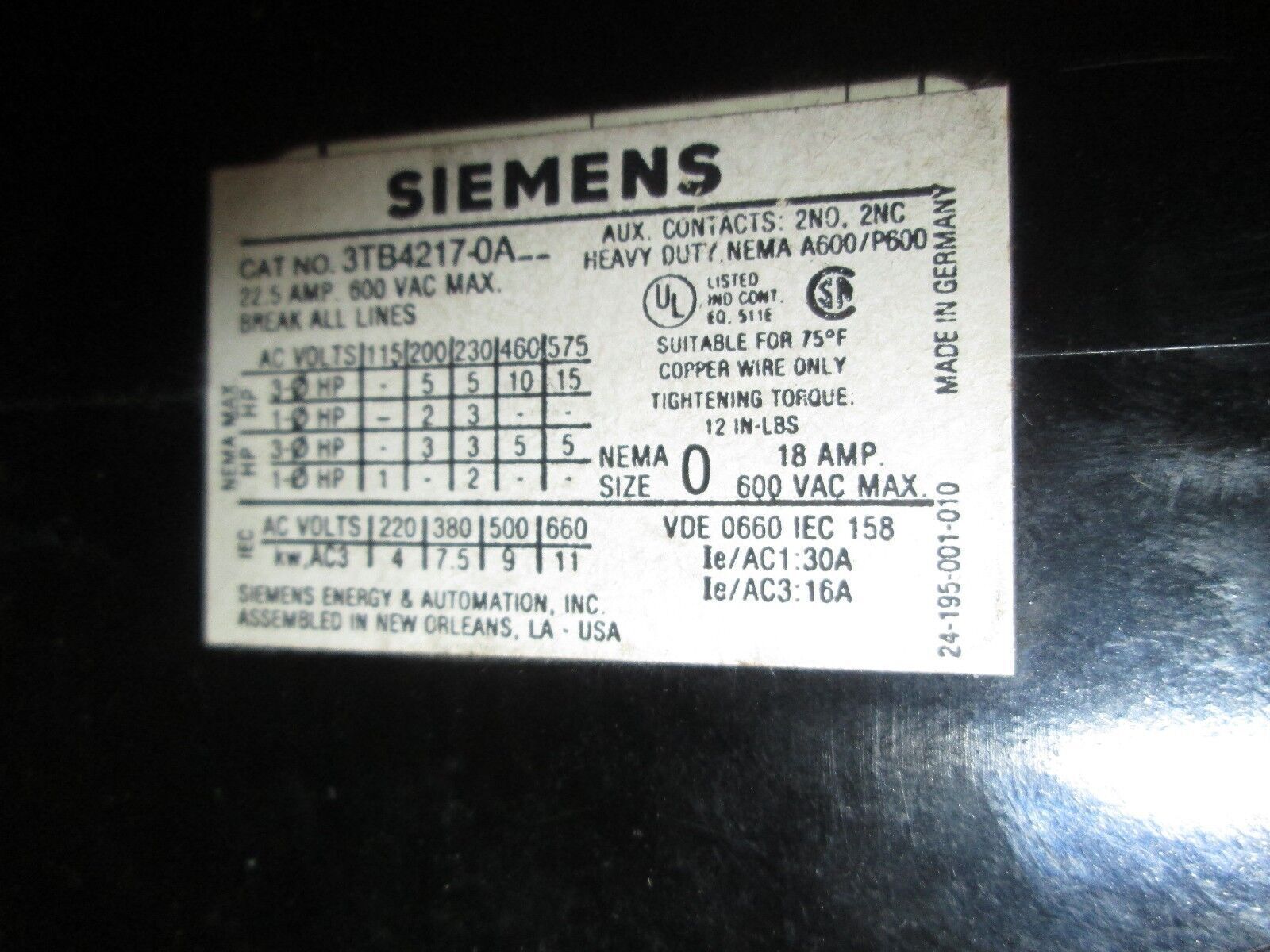 Siemens Contactor 3TB4217-0A; 3UA52 00-1J 6,3-10A 22.5A 600V Used