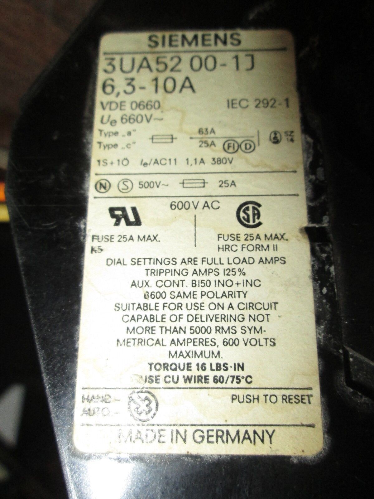 Siemens Contactor 3TB4217-0A; 3UA52 00-1J 6,3-10A 22.5A 600V Used