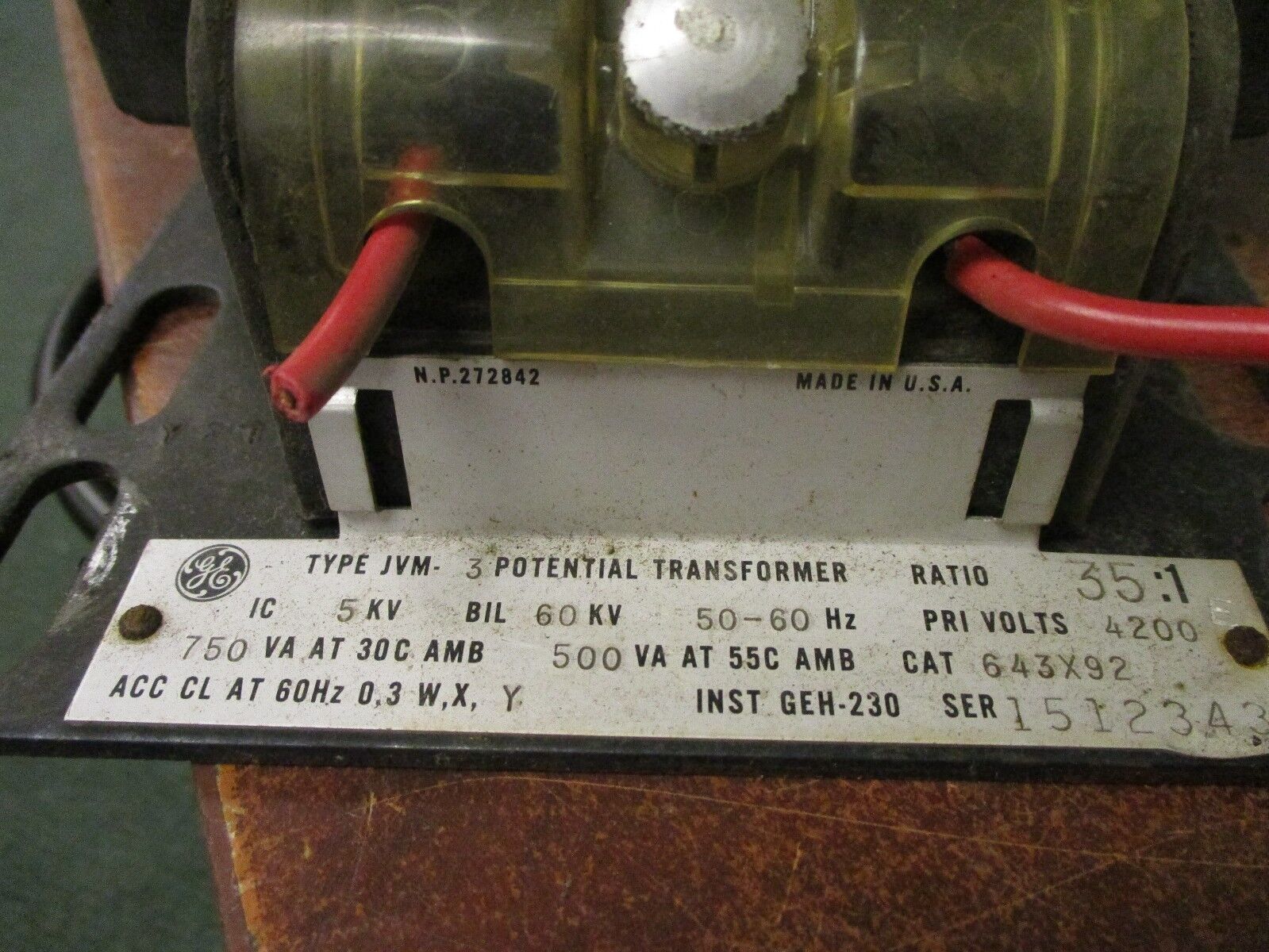 GE Type JVM-3 Potential Transformer 643X92 Ratio 35:1 Pri: 4200V 50-60Hz Used
