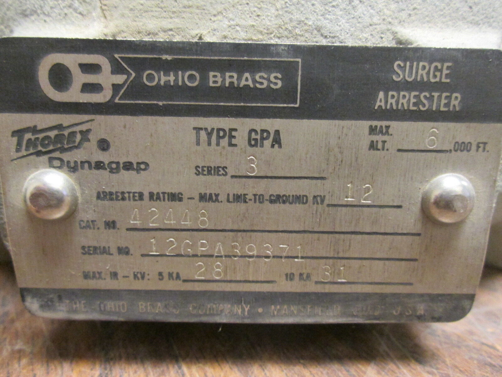 Ohio Brass Thorex Dynagap Type GPA Arrester 42448 12KV Rating Used