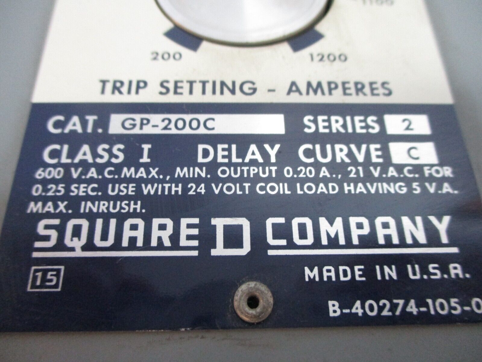 Square D Type GP Ground Powered Time Delay Ground Fault Relay GP-200C Used