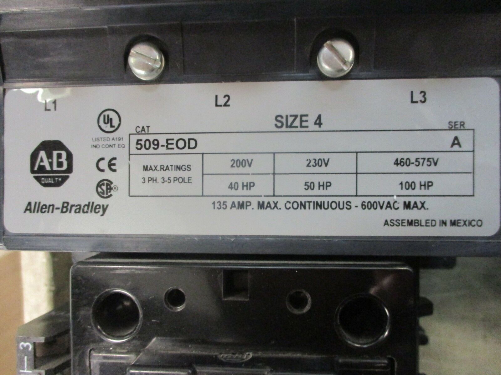Allen-Bradley Size 4 Starter 509-EOD w/ PN-16156 Overload 135A 600V Used