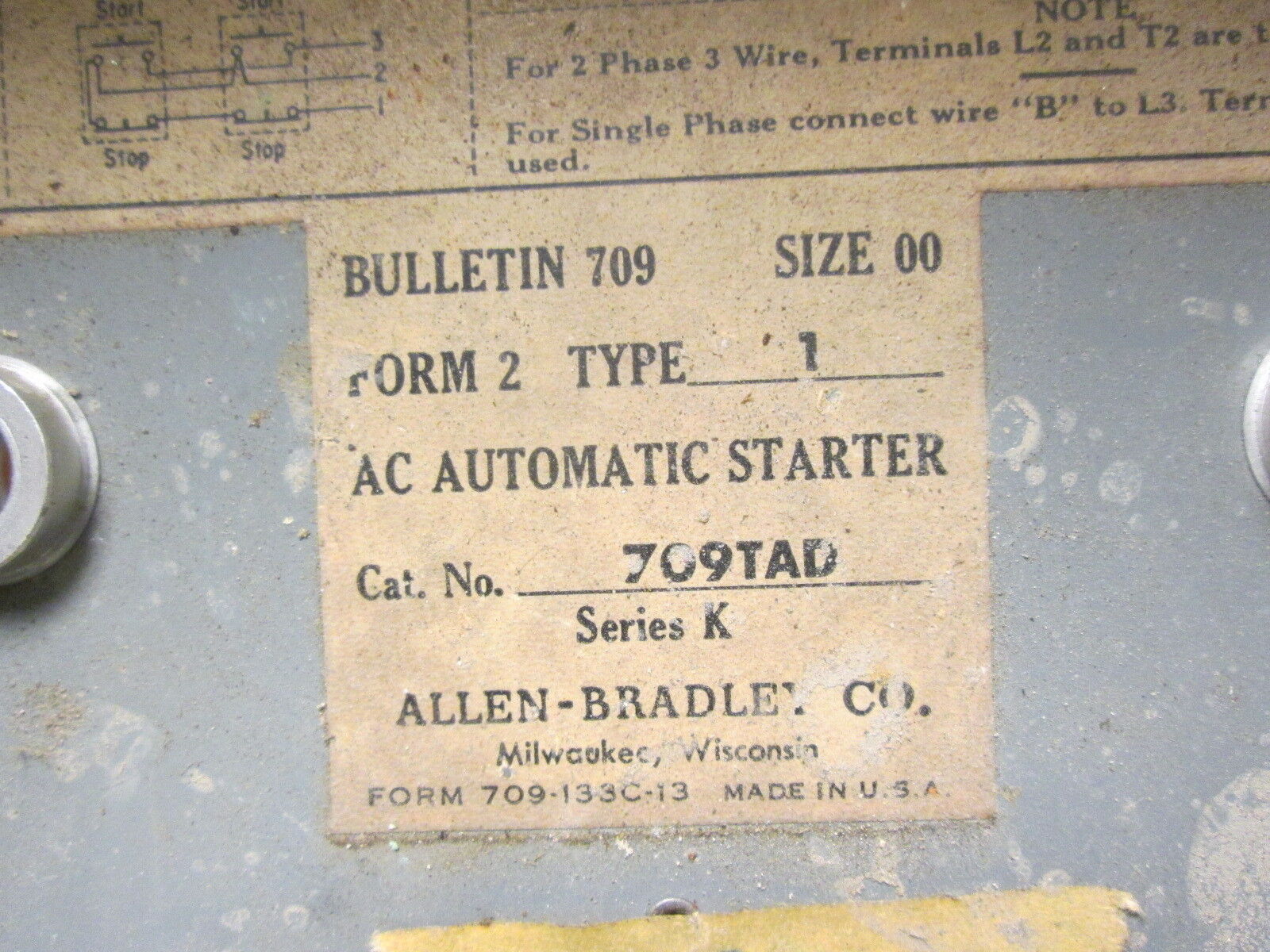 Allen-Bradley Enclosed Size 00 Starter 709TAD 120V Coil Used
