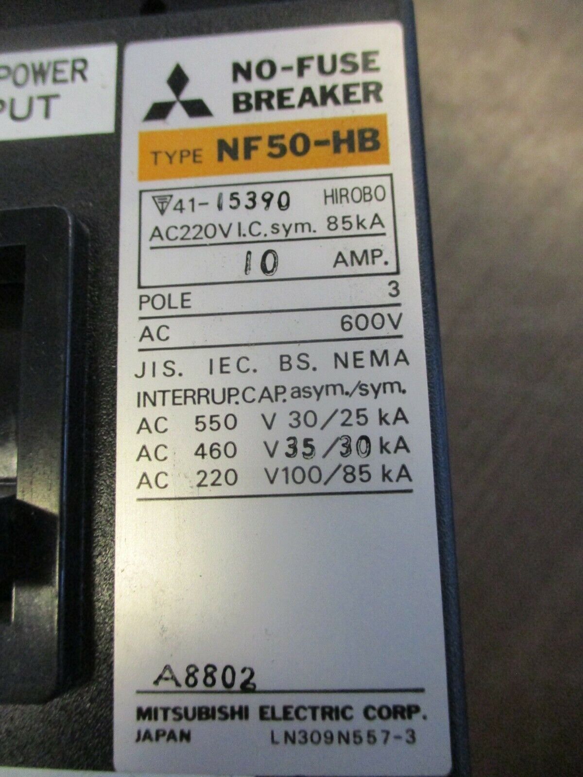 Mitsubishi Circuit Breaker NF50-HB 10A 600V 3P Used