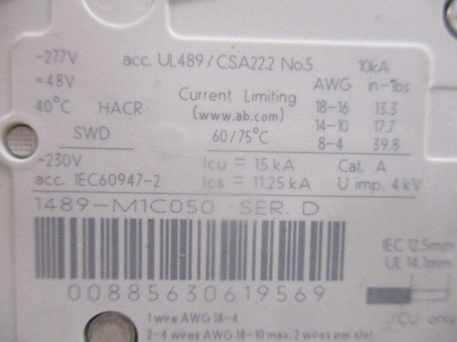 Allen-Bradley Circuit Breaker 1489-M1C050 Ser. D 5A 277V 1P 50/60Hz Used