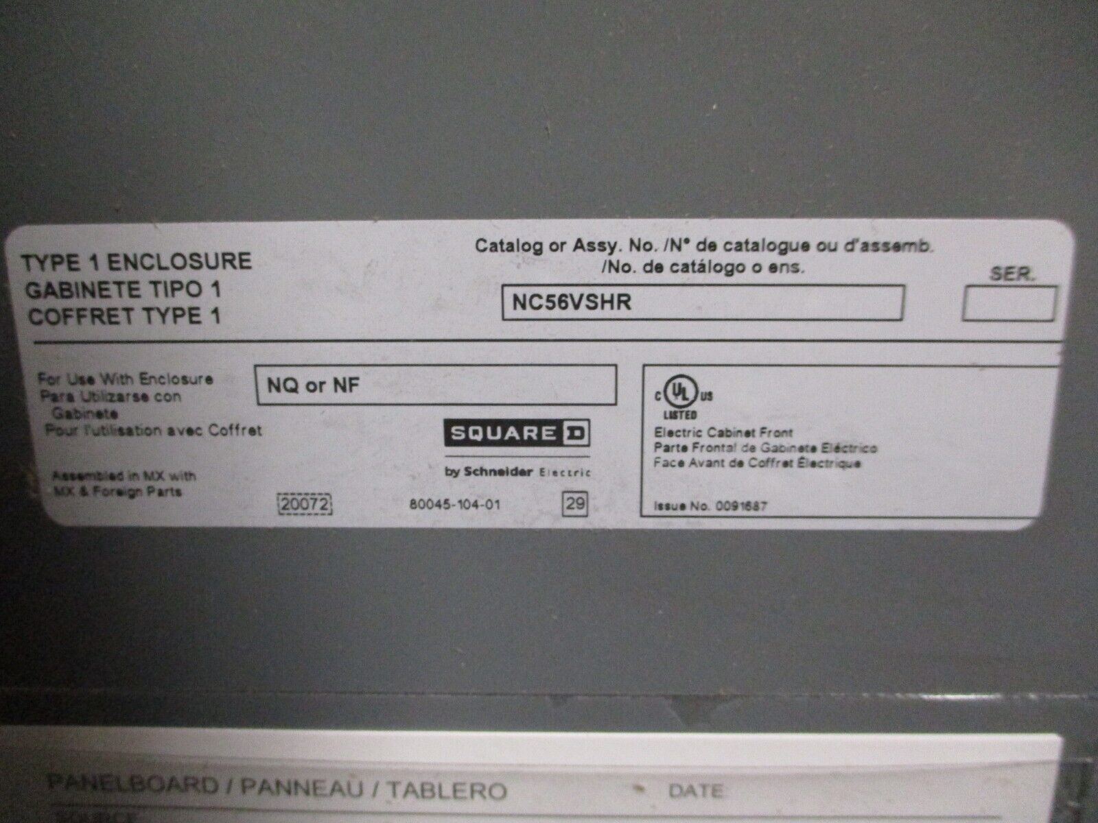 Square D Breaker Panel Cover NC56VSHR 56" Surface Mount New Surplus