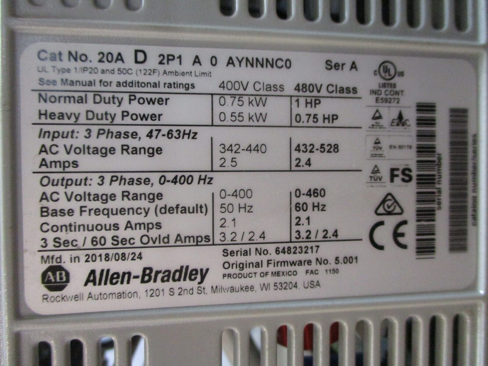 Allen-Bradley PowerFlex 70 AC Drive 20AD2P1A0AYNNNC0 1HP 3Ph *No Keypad* Used