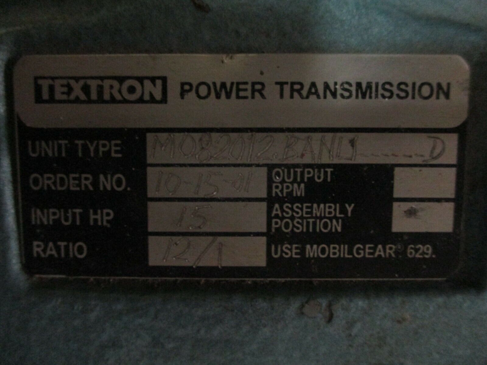 Baldor/Textron Gearmotor IDXM7554T/M082012.BANL1------D 15HP Ratio 12:1 Used