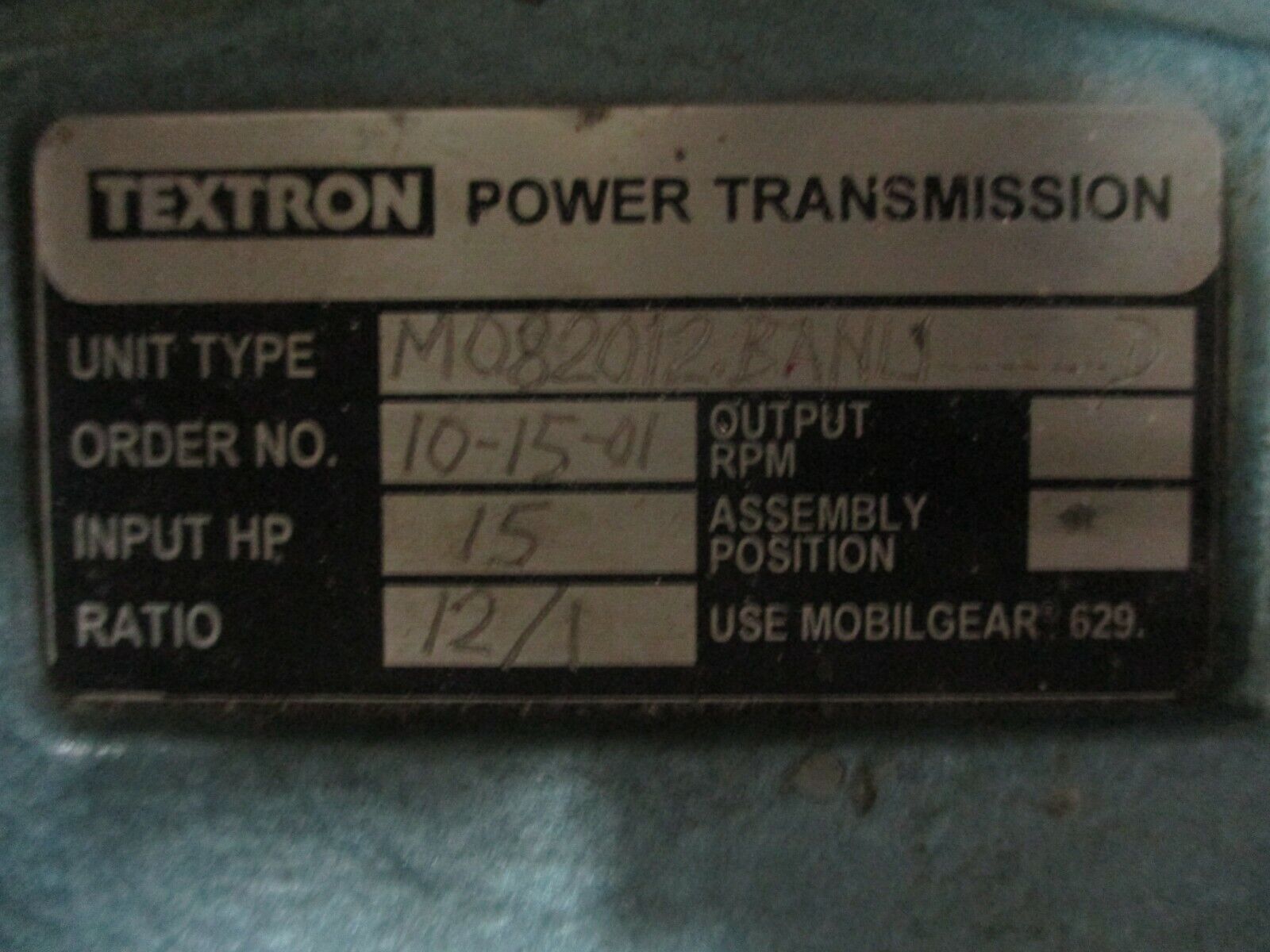 Textron Reducer M082012.BANL1------D 15HP Input Ratio 12:1 Used