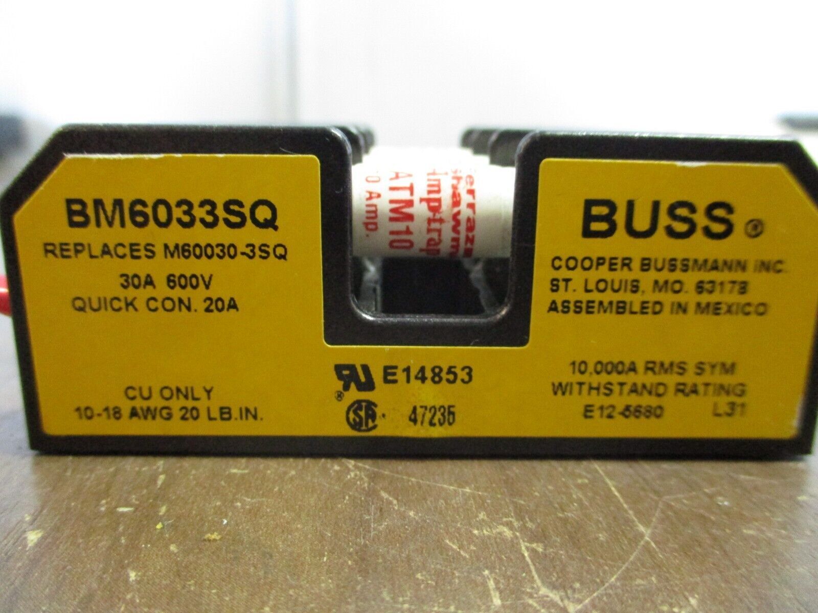 Buss Fuseholder BM6033SQ 30A 600V 3P w/ (3) 10A Fuses Used