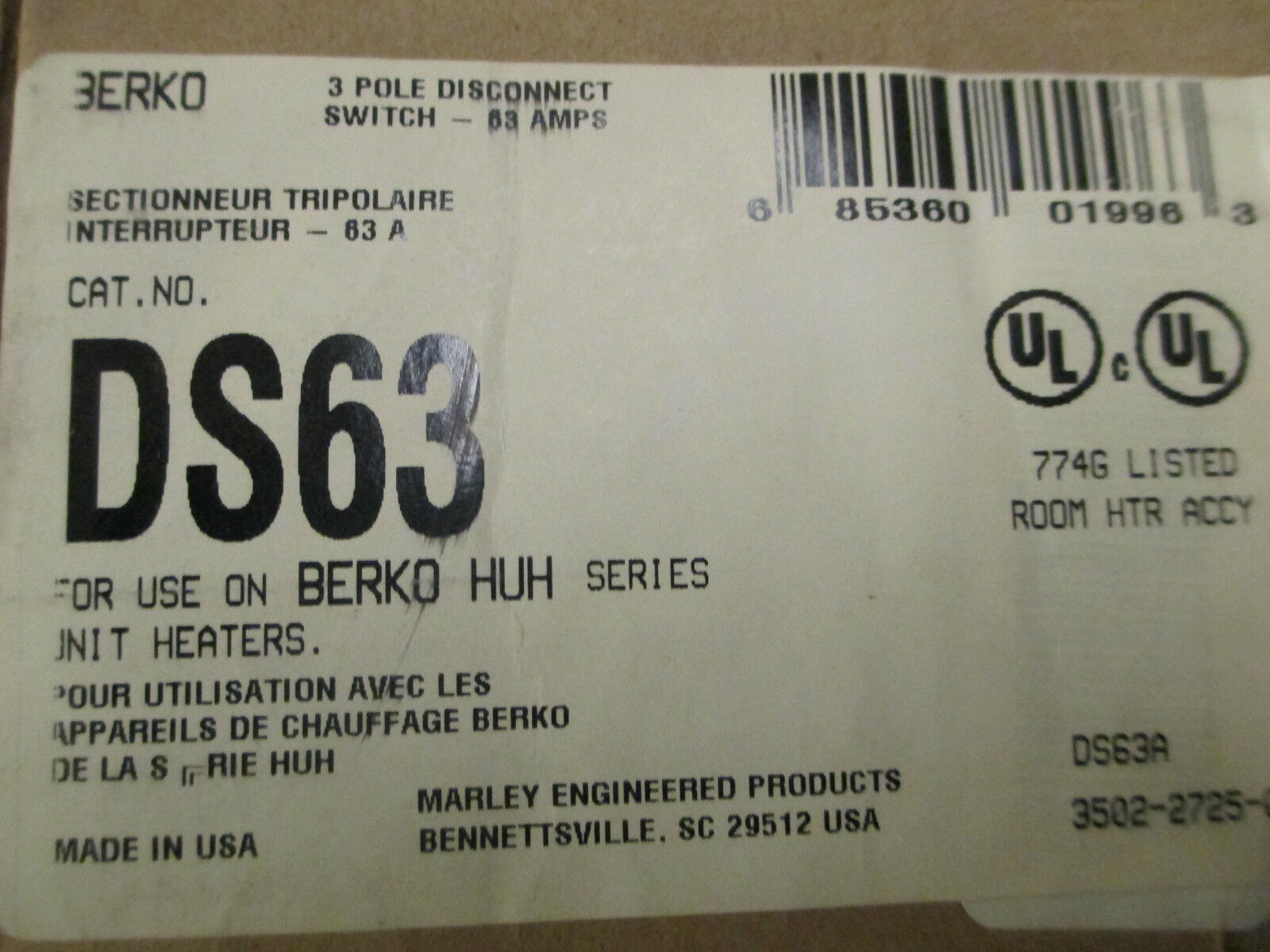 Berko Disconnect Switch DS63 3P 63A New Surplus