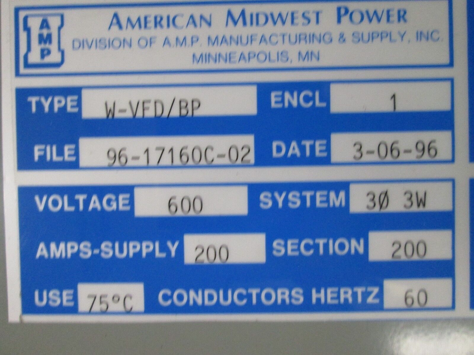 American Midwest Power Enclosed Disconnect Switch W-VFD/BP 2 Disconnects Used