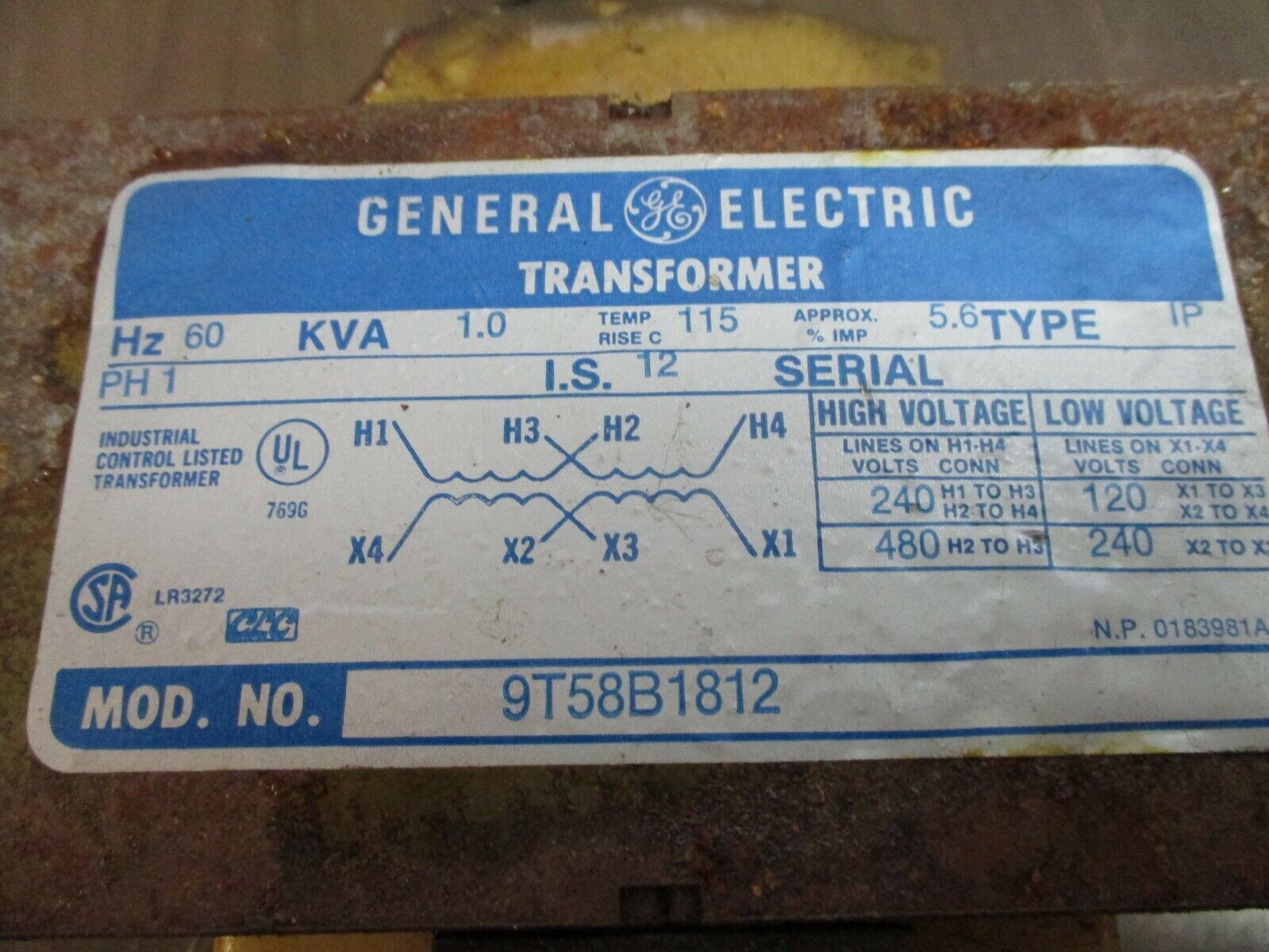 GE Transformer 9T58B1812 1.0kVA Pri: 240/480V Sec: 120/240V 60Hz 1Ph Used