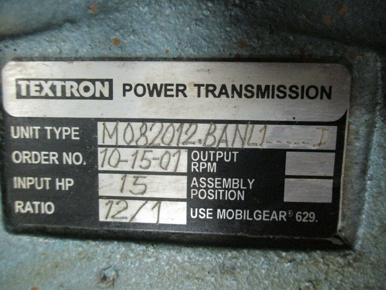 Textron Reducer M082012.BANL1------D Ratio 12:1 15HP Input Used