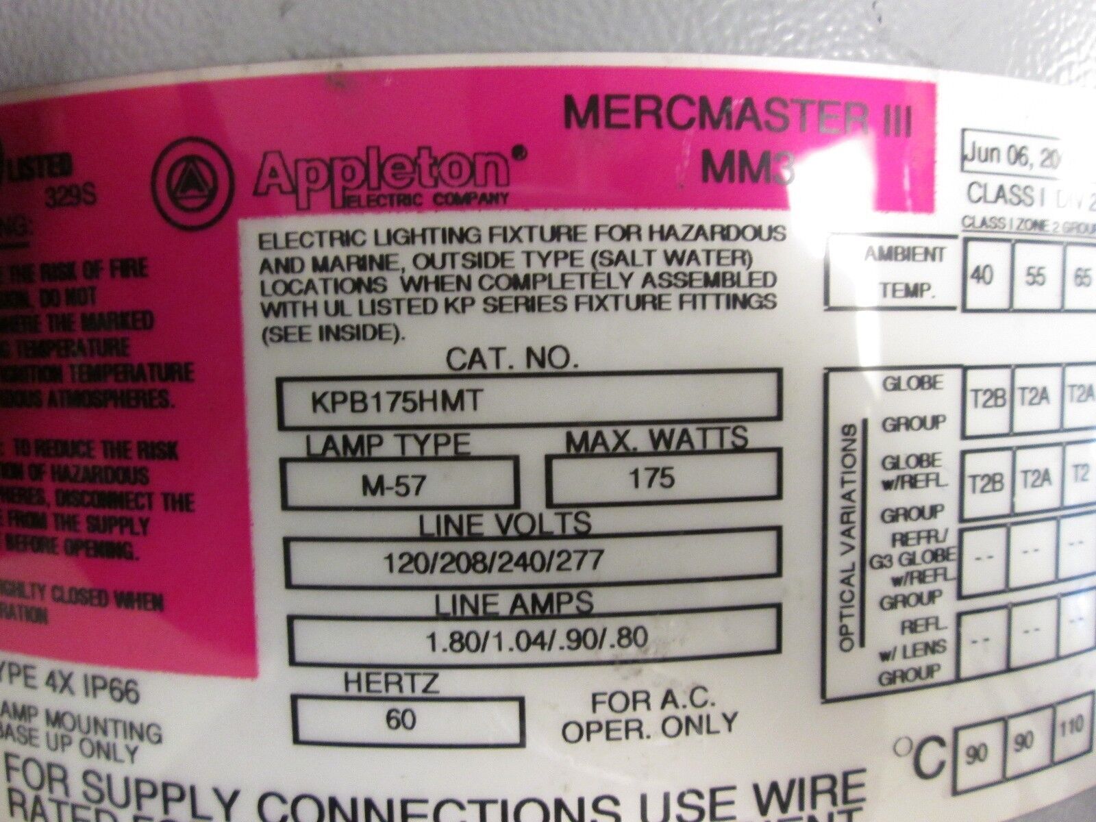 Appleton Mercmaster III Light KPB175HMT 175W Type M-57 Used