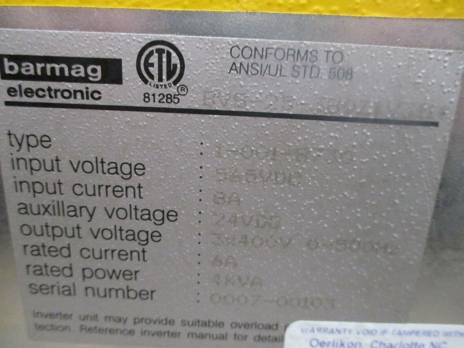 Barmag Type 1-001-8730 Beltro-Vert Inverter BVS-25-380Z*V311 4kVA Used