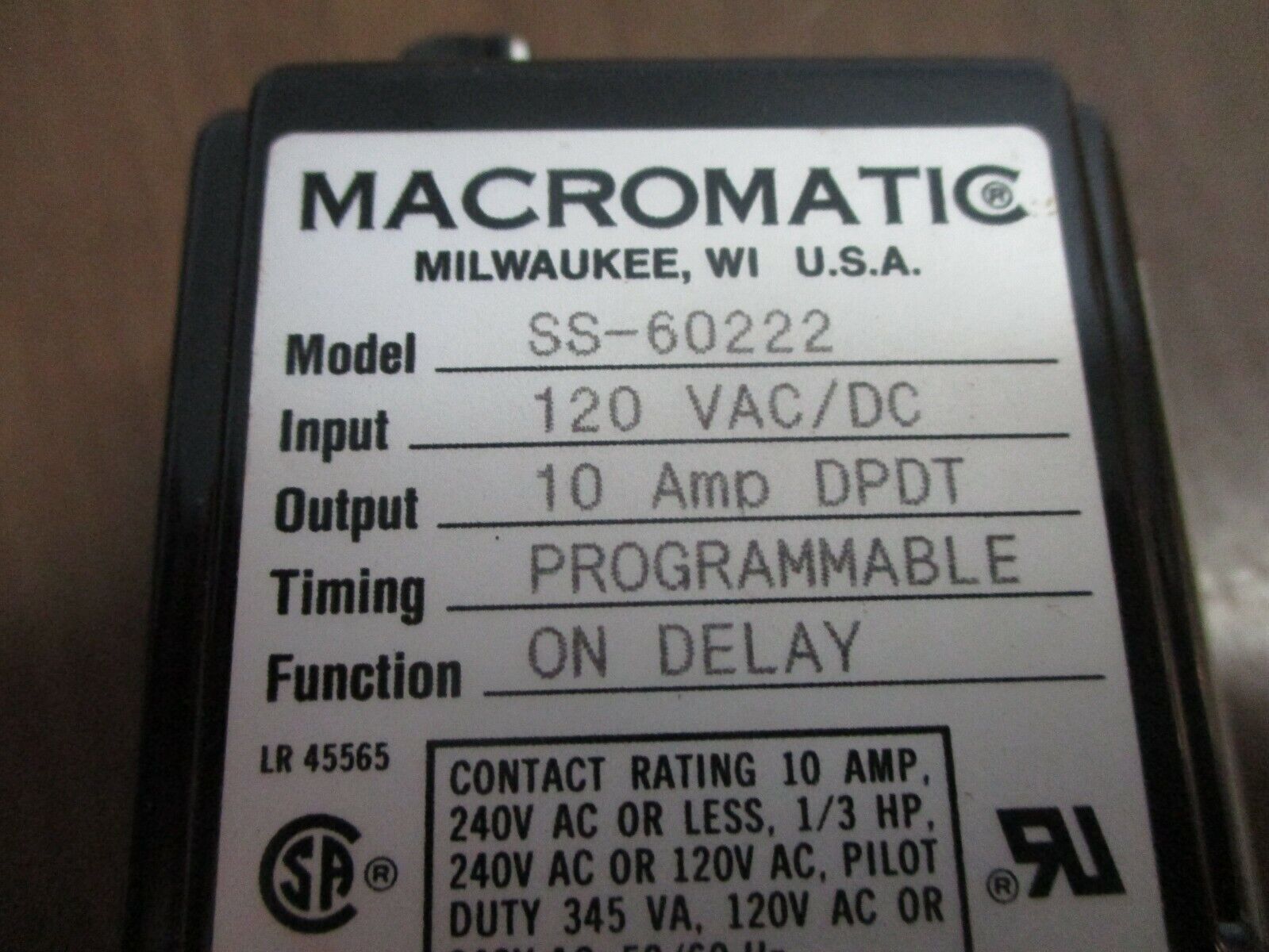 Macromatic Time Ranger Time Delay Relay SS-60222 Input: 120V AC/DC Output: 10A