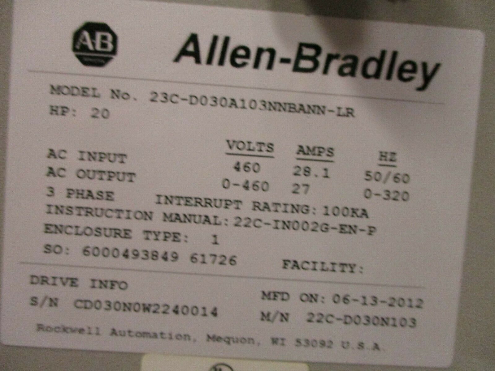 Allen-Bradley PowerFlex 400 AC Drive w/ Bypass & Line Reactor 20HP 3Ph Used