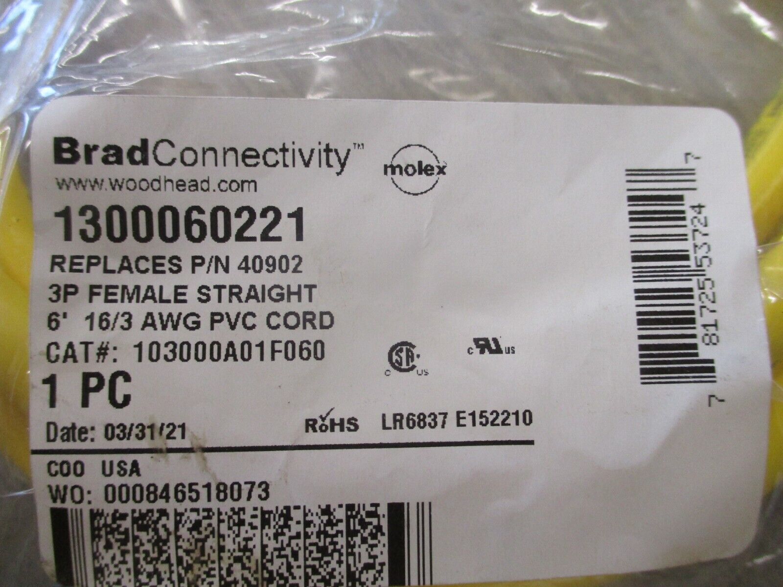 Woodhead Brad Connectivity Cordset 103000A01F060 3P Female Straight New Surplus