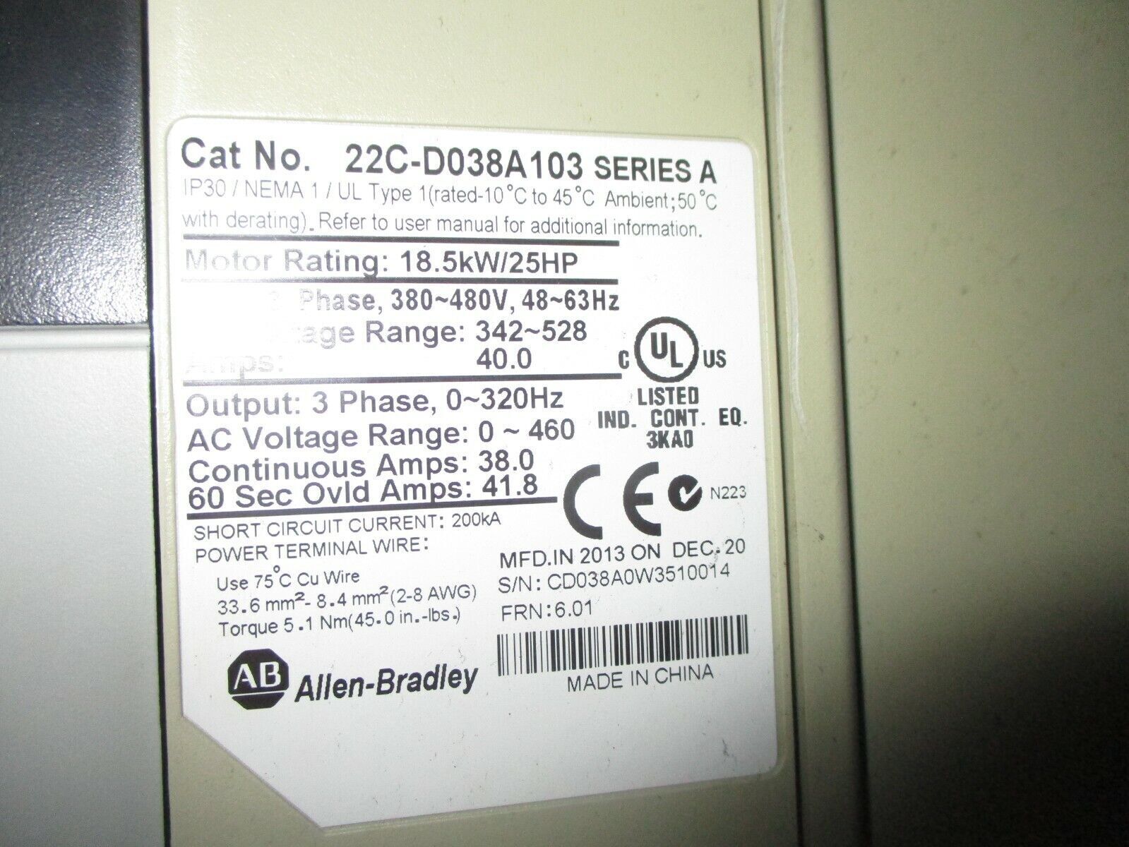 Allen-Bradley PowerFlex 400 AC Drive w/ Bypass & Line Reactor 25HP 3Ph Used