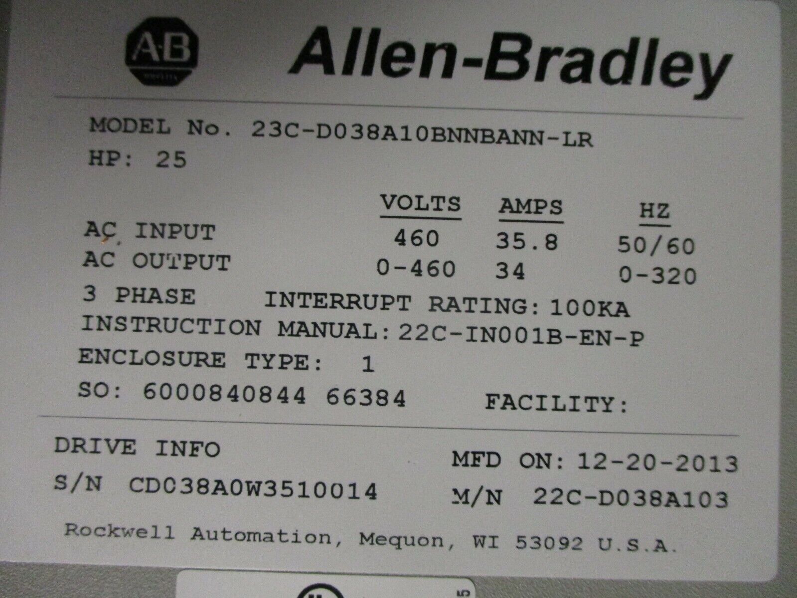 Allen-Bradley PowerFlex 400 AC Drive w/ Bypass & Line Reactor 25HP 3Ph Used
