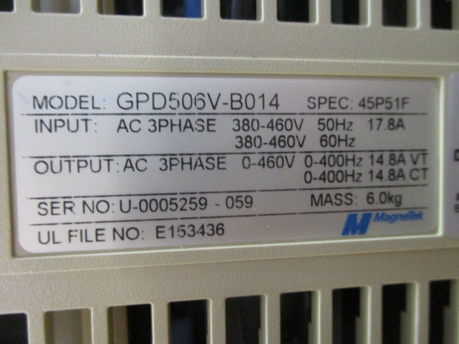 MagneTek GPD 506 AC Drive GPD506V-B014 10HP 3Ph w/ Keypad Used