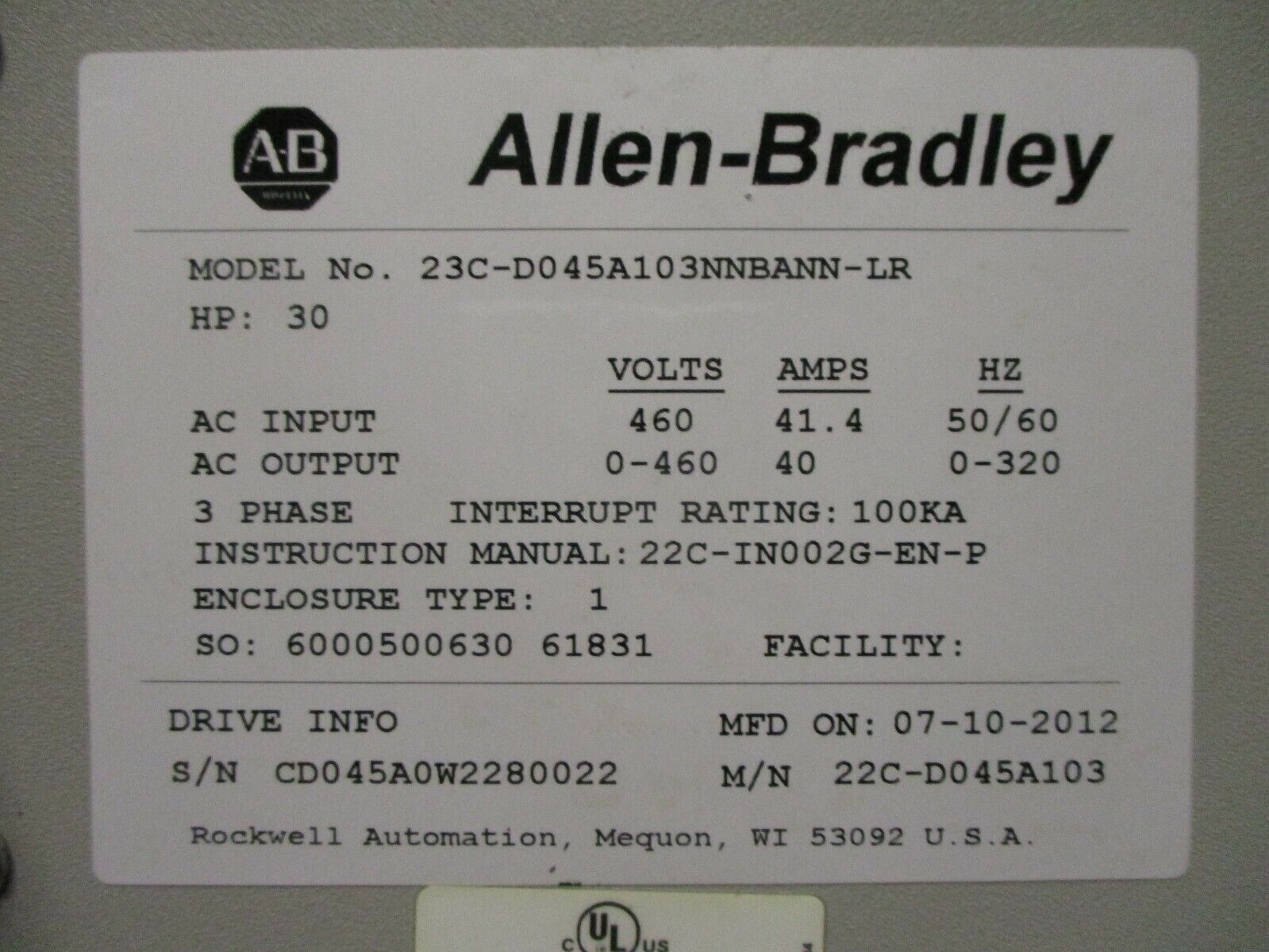 Allen-Bradley PowerFlex 400 AC Drive w/ Bypass & Line Reactor 30HP 3Ph Used