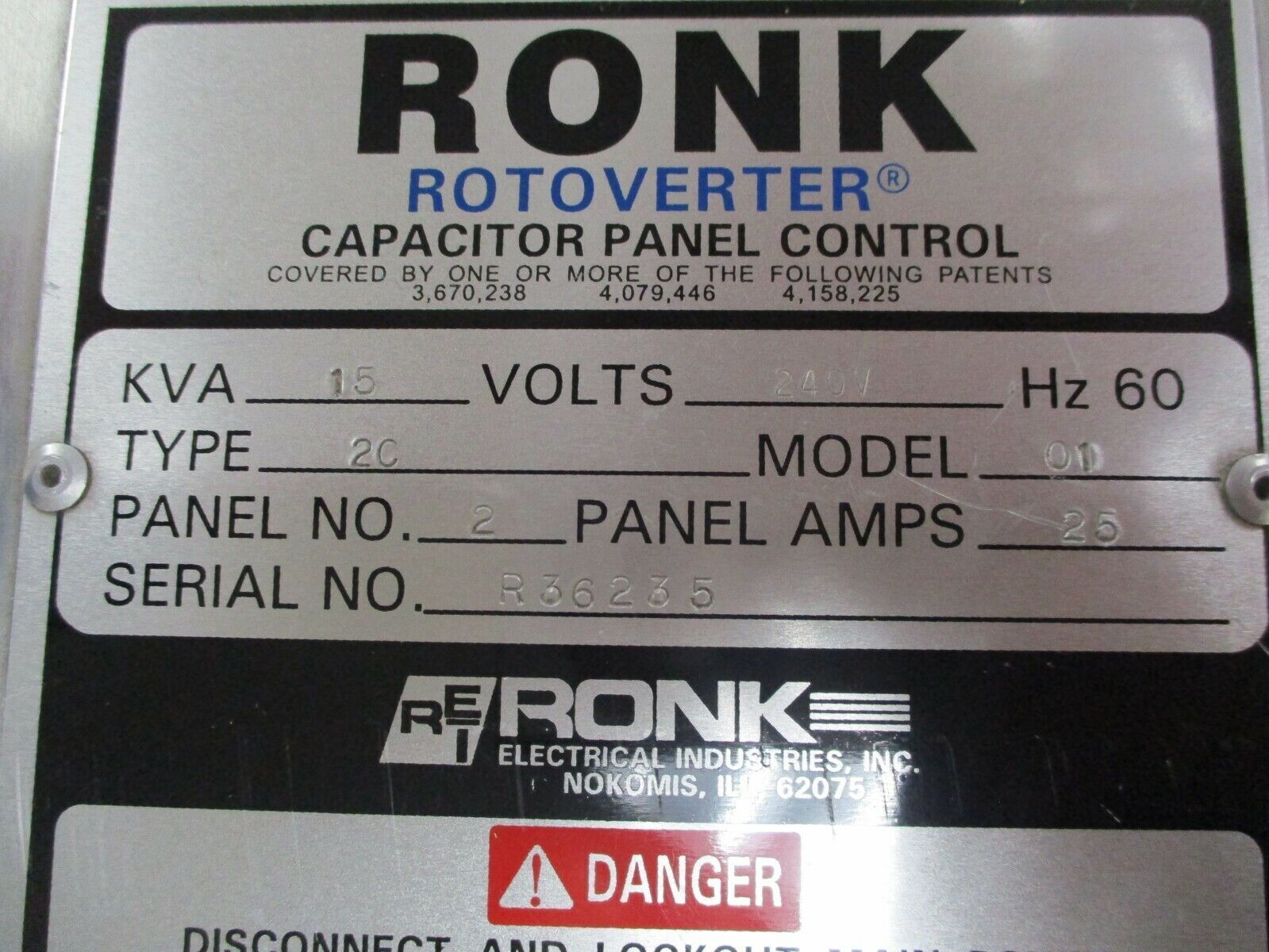 Ronk Type 2C Rotoverter Capacitor Control Panel Model 01 15KVA 240V 60Hz Used