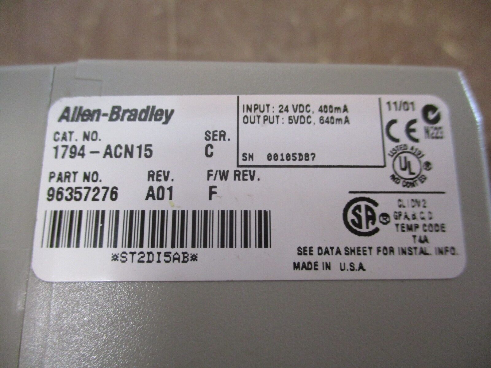 Allen-Bradley Flex I/O ControlNet Adapter 1794-ACN15 Ser. C Rev. A01 F/W Rev. F