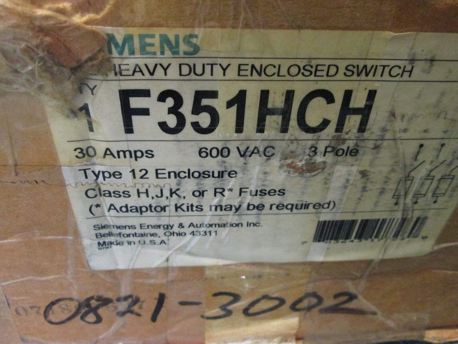 Siemens Fusible Safety Switch w/ Plug F351HCH 30A 3P 600V Nema 12 Enclosure New