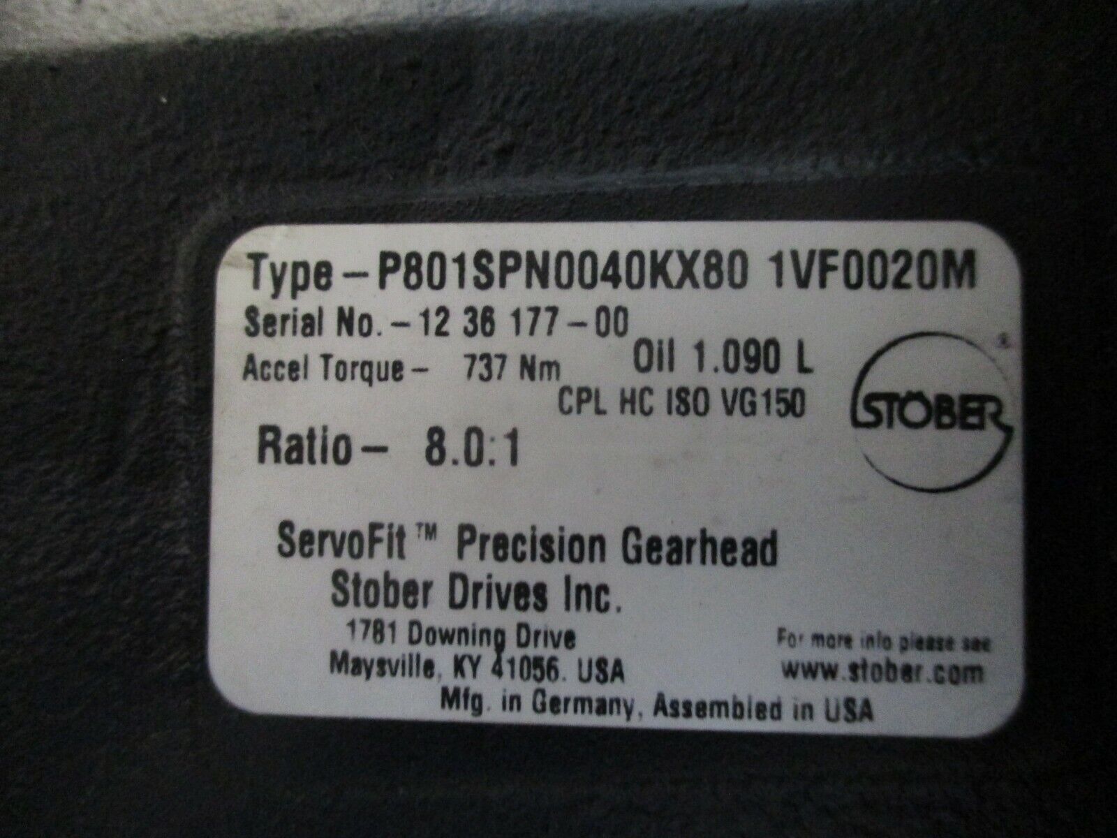 Stober ServoFit Precision Gearhead P801SPN0040KX80 1VF0020M Ratio 8:1 Used