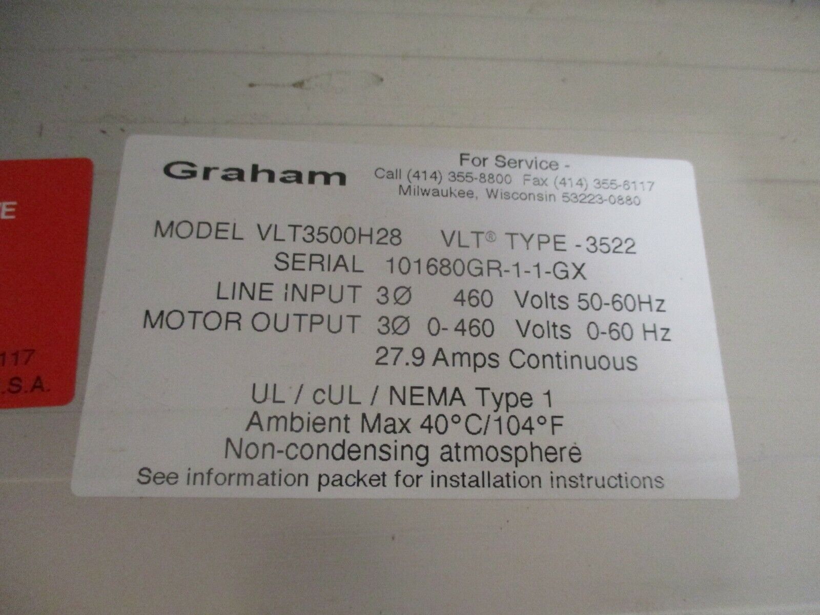 Graham VLT-3522 AC Drive VLT3500H28 15HP 3Ph 460V w/ Keypad Used