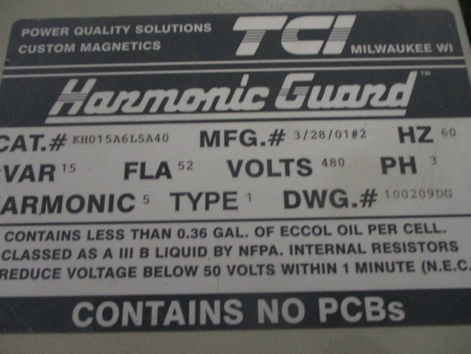 TCI Harmonic Guard Harmonic Filter KH015A6L5A40 15kVAR 480V 60Hz 3Ph 52A Used