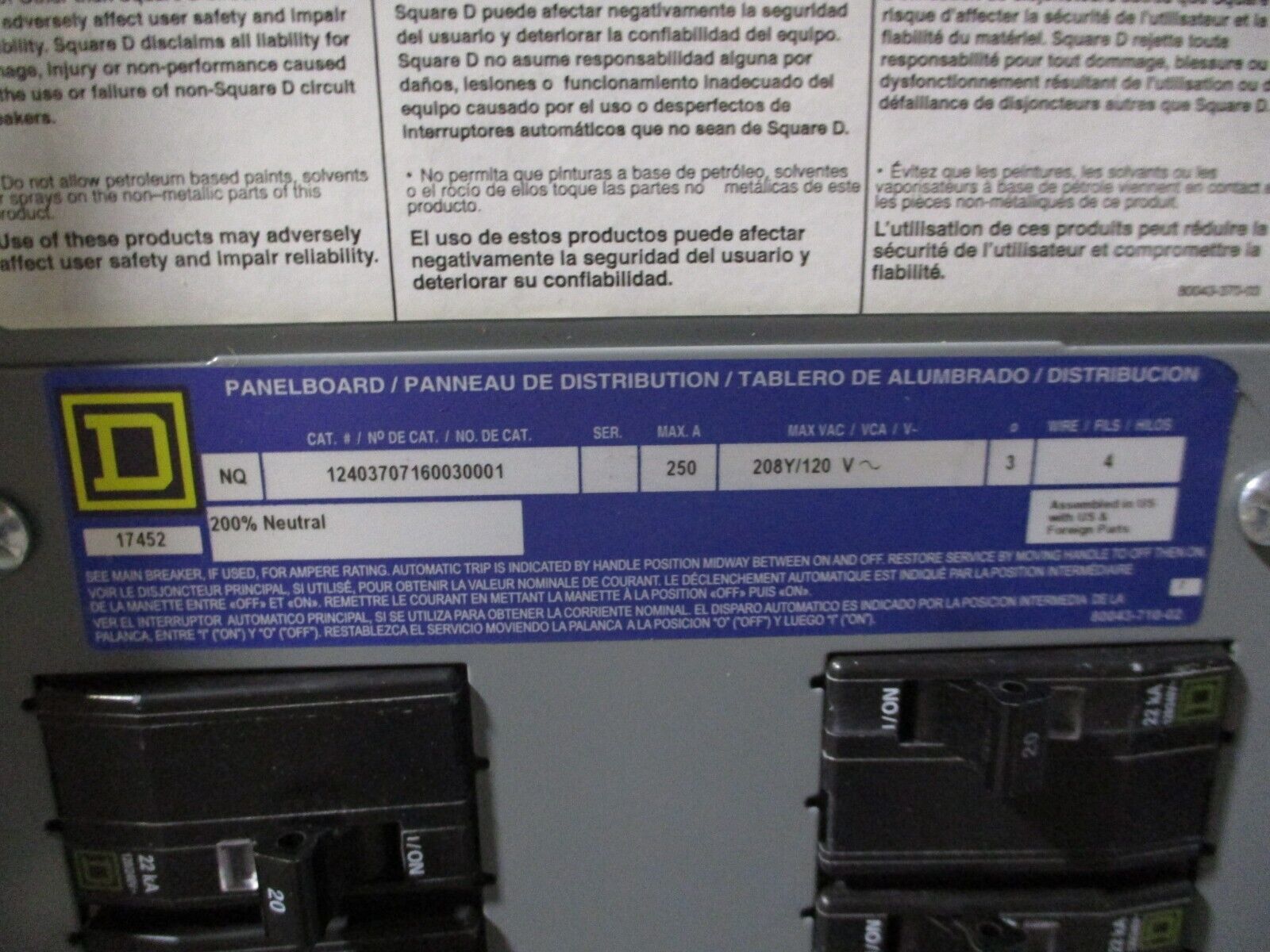 Square D Main Lug NQ Breaker Panel 12403707160030001 250A 208Y/120V 3Ph 4W
