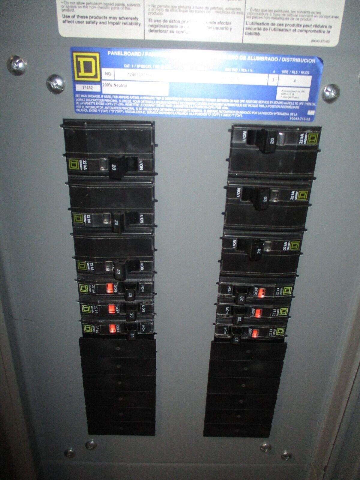 Square D Main Lug NQ Breaker Panel 12403707160030001 250A 208Y/120V 3Ph 4W