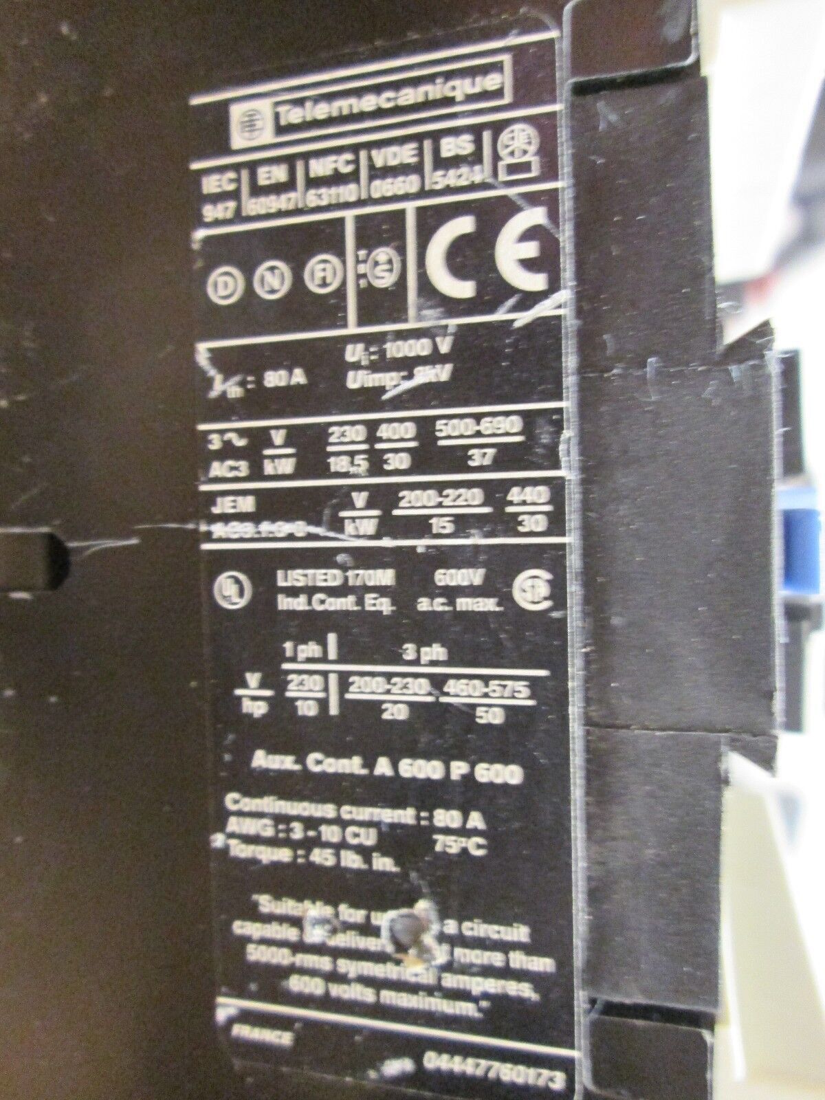 Telemecanique Contactor LC1 D6511 80A 1000V 120V Coil Used