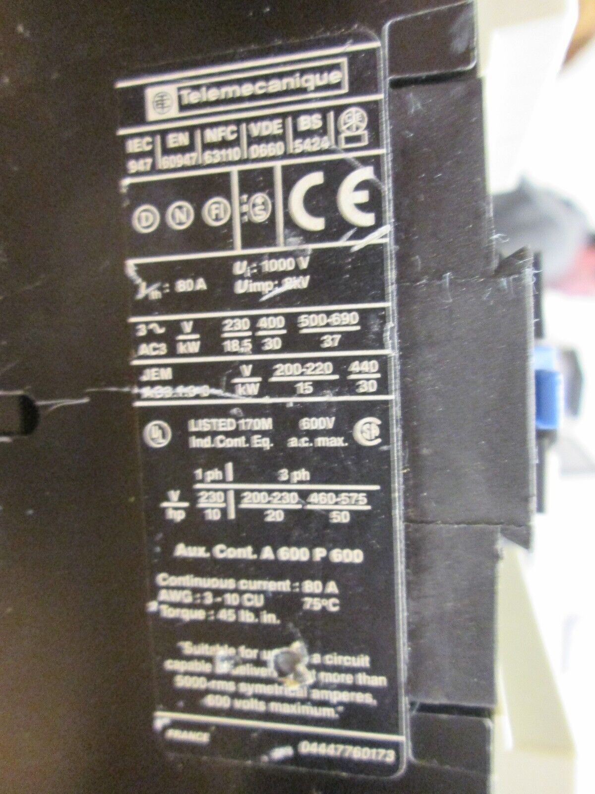 Telemecanique Contactor LC1 D6511 80A 1000V 120V Coil Used