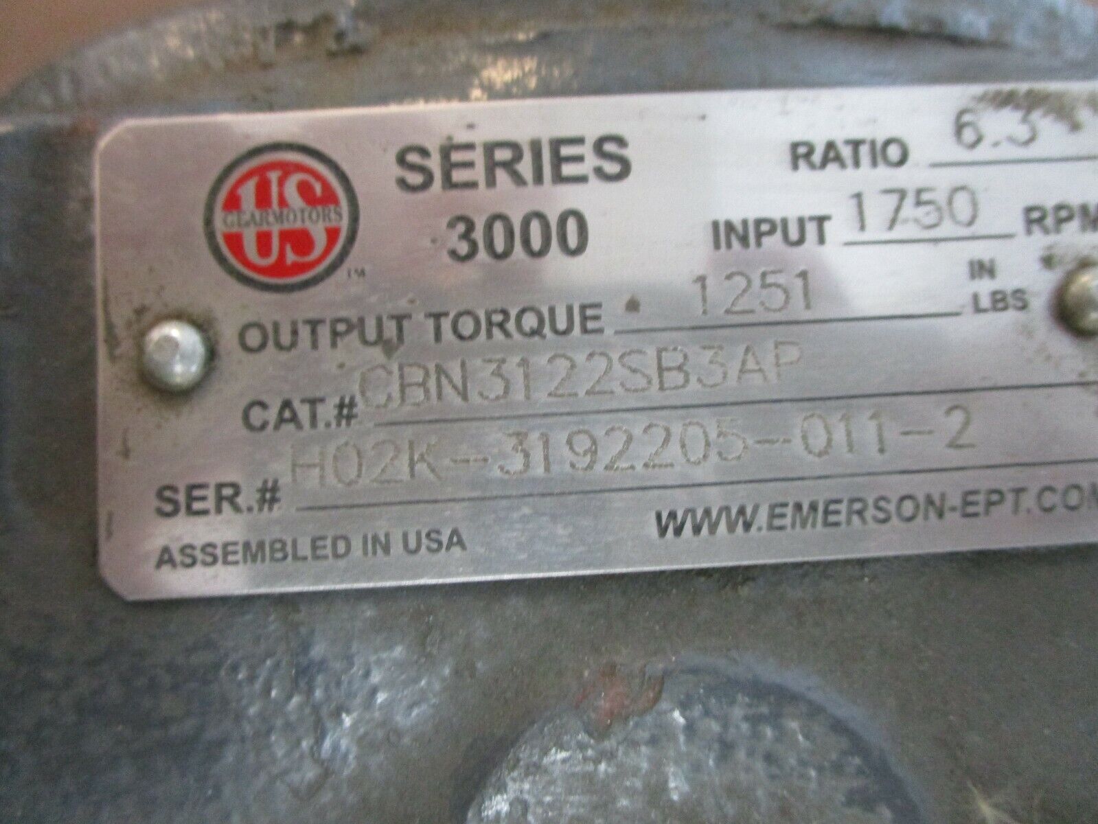 US Motors Series 3000 Reducer CBN3122SB3AP Ratio 6.3:1 1800RPM In Used