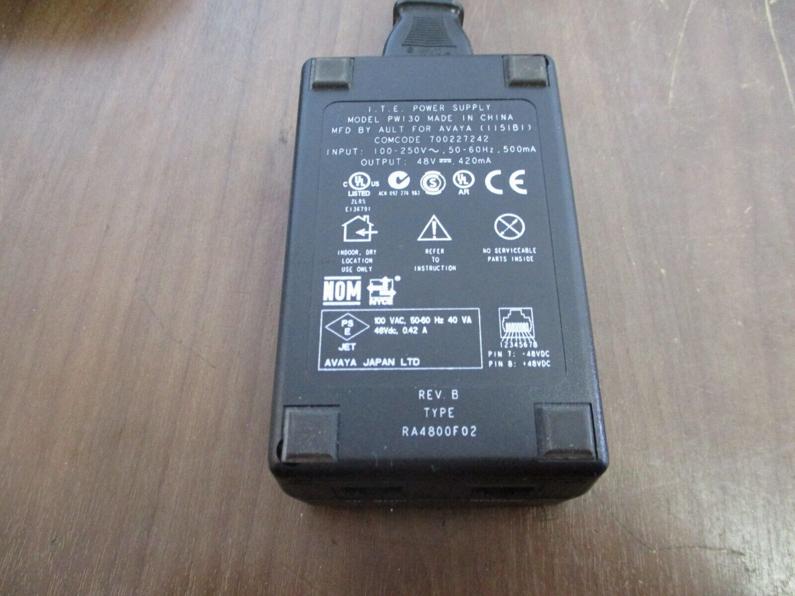 Avaya ITE Power Supply RA4800F02 Rev. B Input: 100VAC 50-60Hz 40VA Used