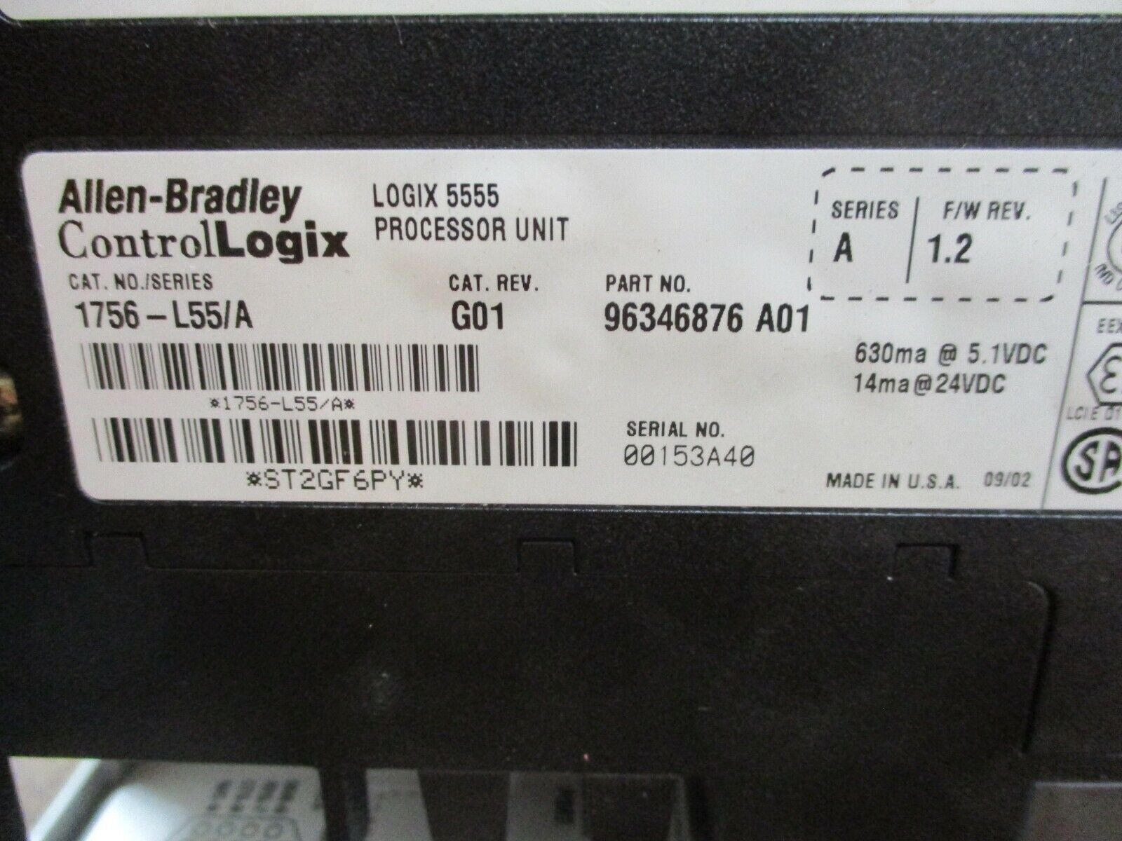 Allen-Bradley ControlLogix Logix 5555 Processor Unit 1756-L55/A Ser. A Rev. G01