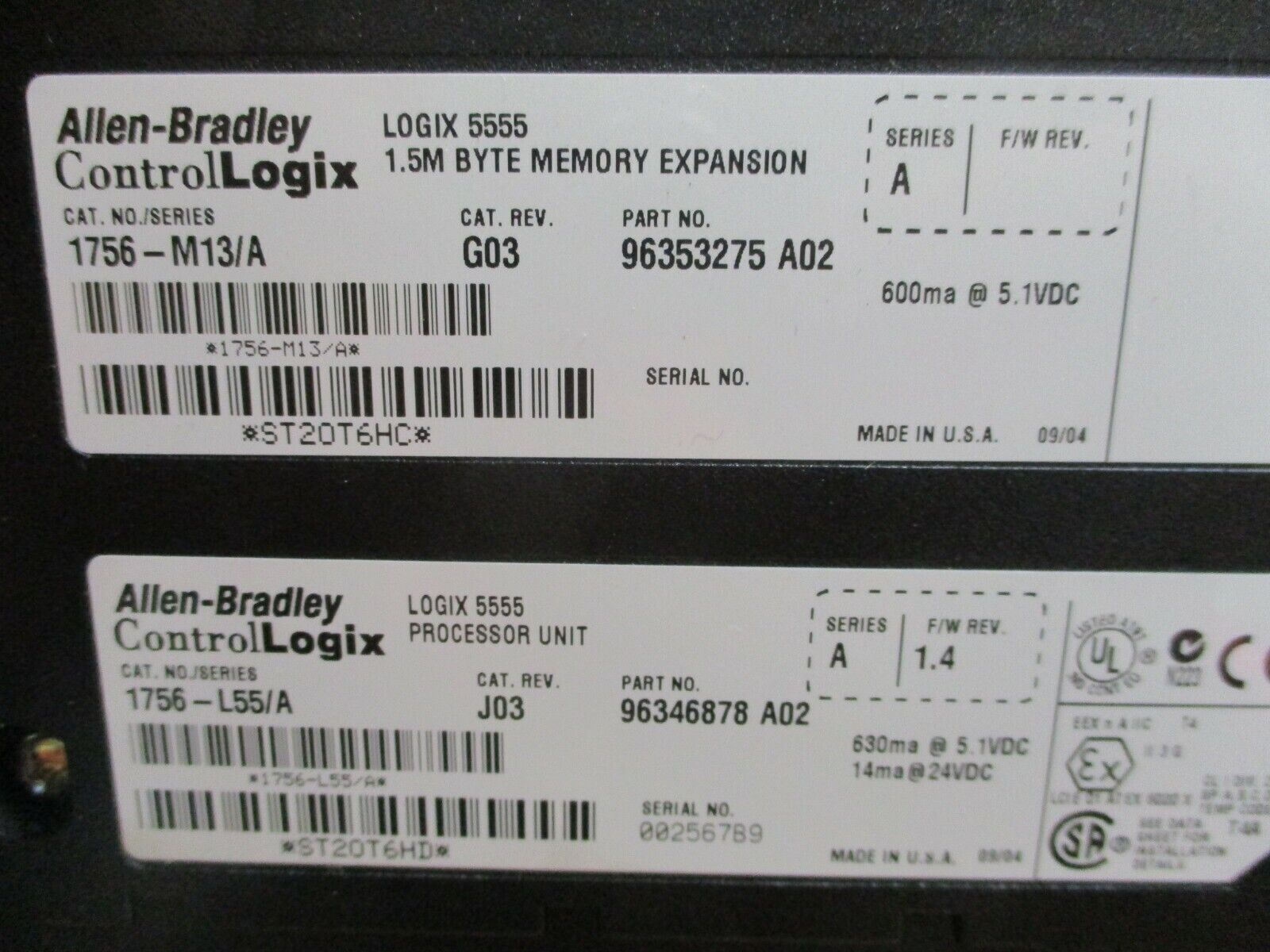Allen-Bradley ControlLogix Logix 5555 Processor Unit w/ Memory Expansion Used