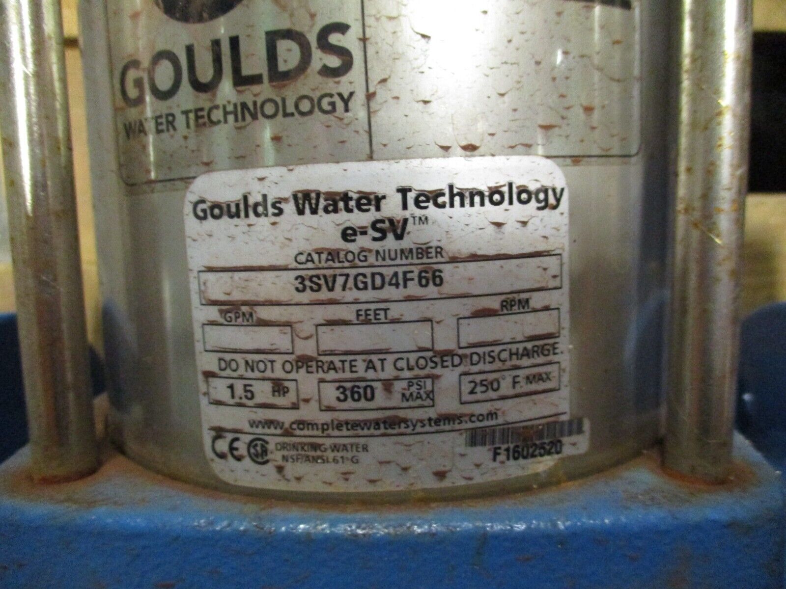 Goulds e-SV Stainless Steel Pump 3SV7GD4F66 1.5HP 3500RPM 360PSI Max 16GPM Used