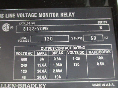 Allen-Bradley Line Voltage Monitor Relay 813S-V0WE Ser. B 120V 3Ph 60Hz Used