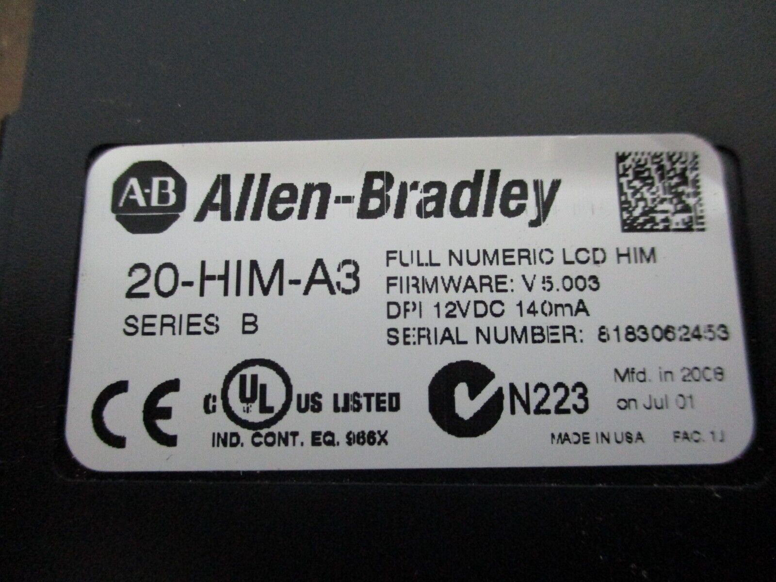 Allen-Bradley Keypad w/ External Mount 20-HIM-A3 Ser. B F/W: V5.003 Used