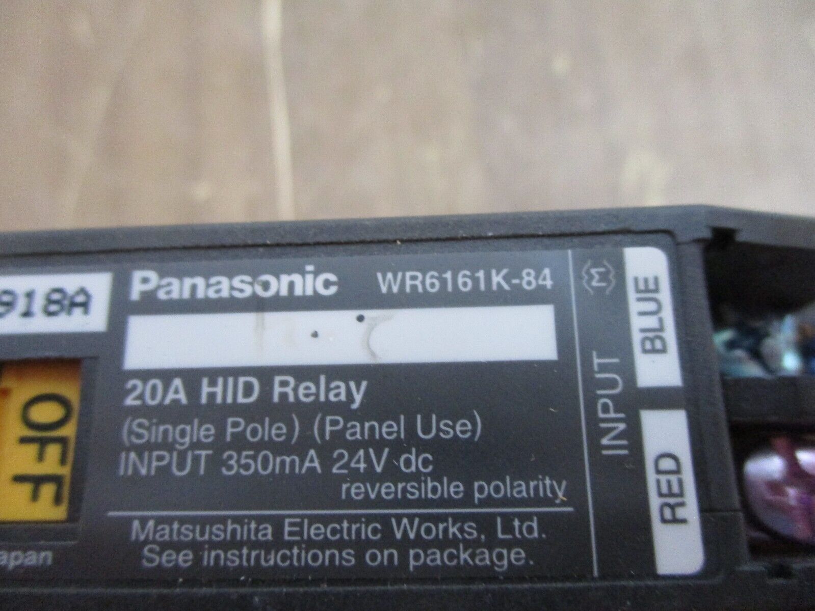 Panasonic HID Relay WR6161K-84 20A Single Pole Panel Use Input: 350mA 24VDC Used