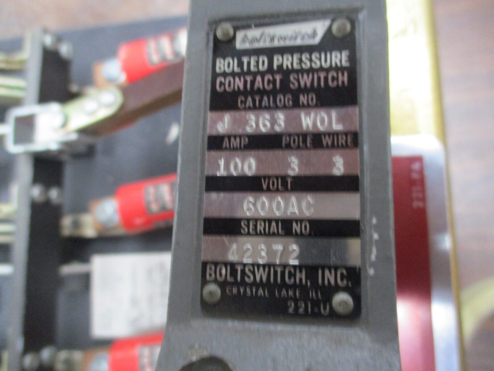 Boltswitch Bolted Pressure Contact Switch J363W0L 100A 600V 3P 3W Used