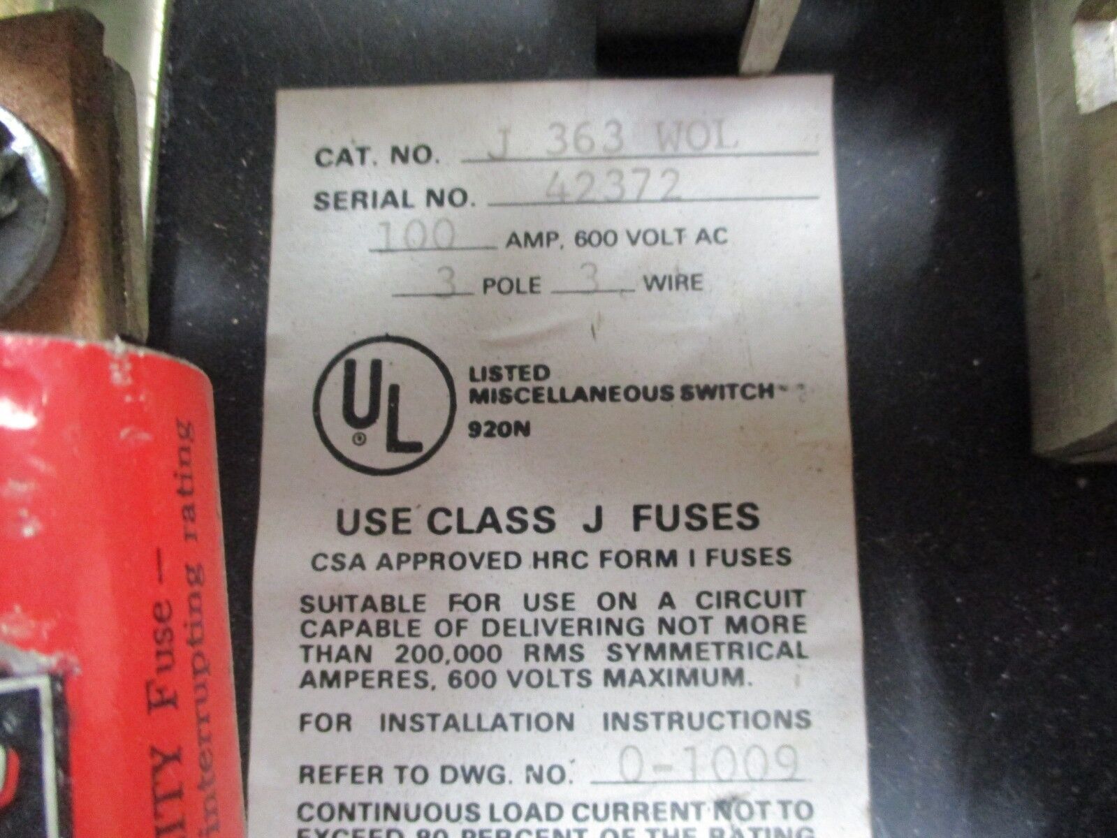 Boltswitch Bolted Pressure Contact Switch J363W0L 100A 600V 3P 3W Used