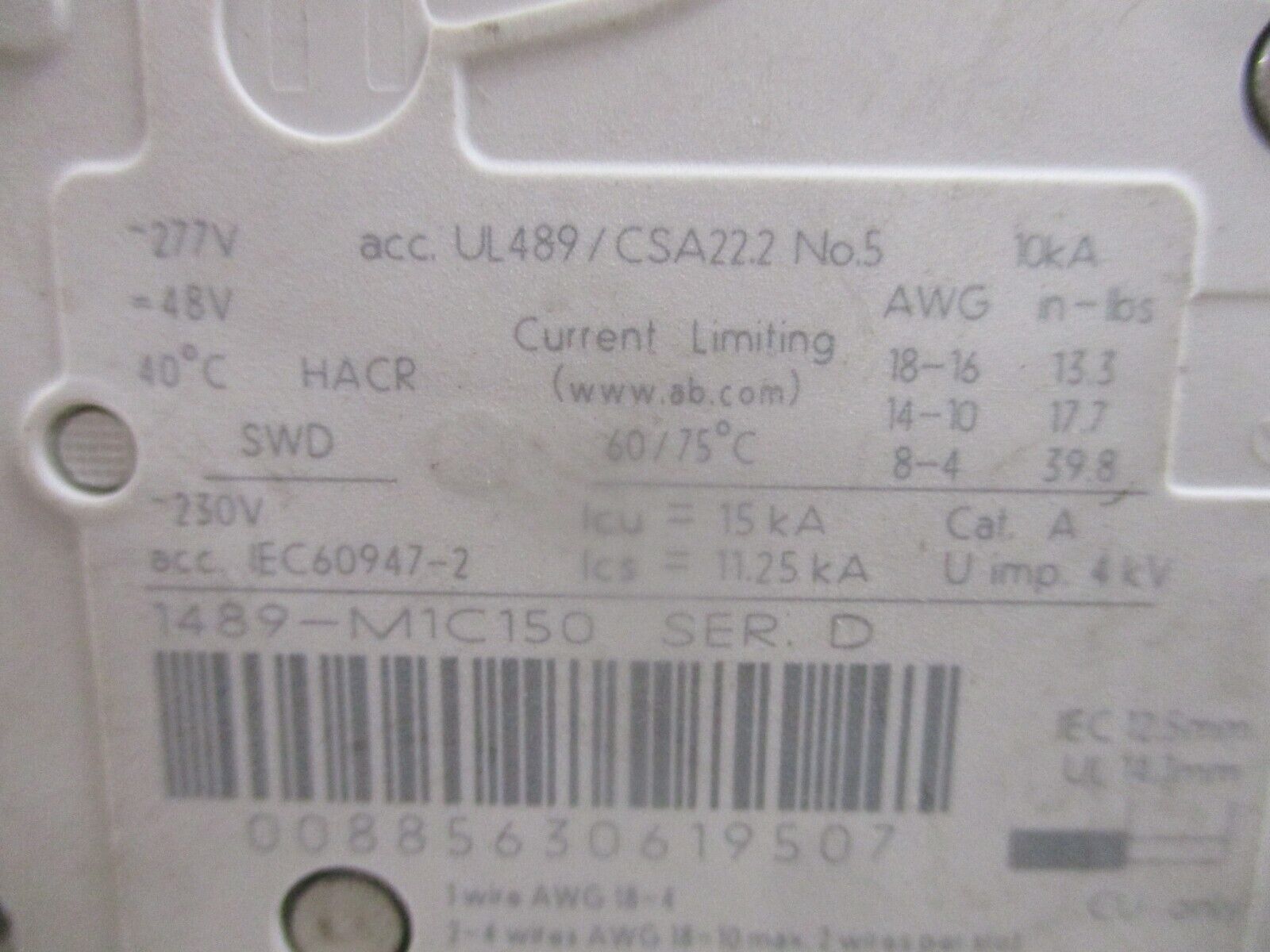 Allen-Bradley Circuit Breaker 1489-M1C150 Ser. D 15A 277V 1P 50/60Hz Used