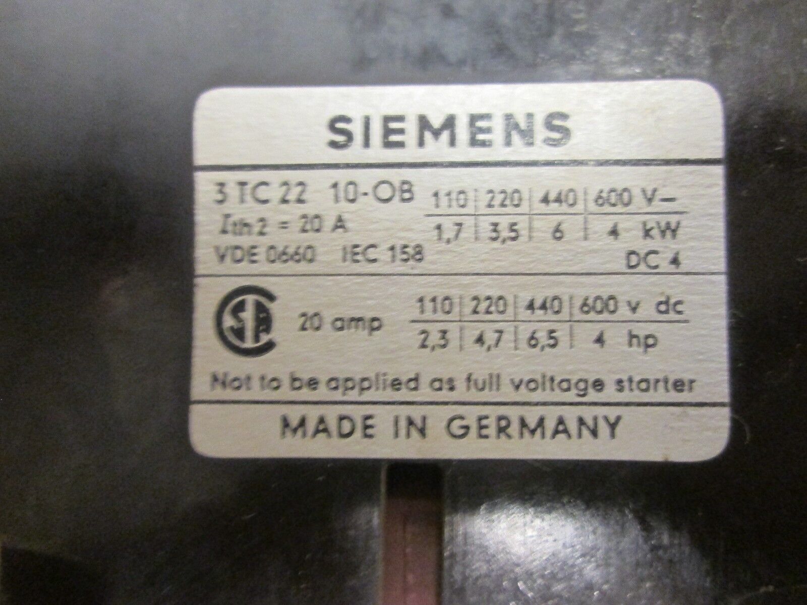 Siemens Contactor K 916 11-2 20A Used