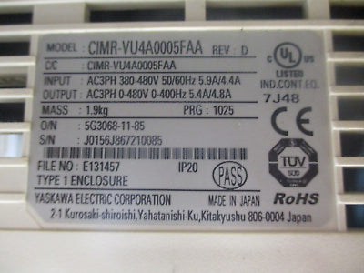 Yaskawa V1000 AC Drive CIMR-VU4A0005FAA Rev. D 3HP 3Ph *No Terminal Cover* Used